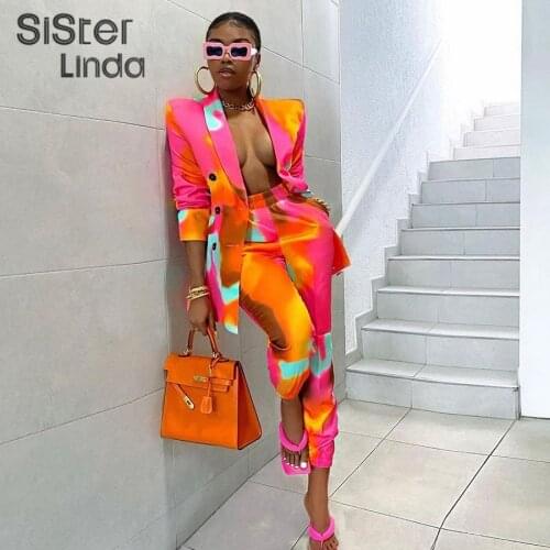 Sisterlinda Casual Outwear Women 2Piece Set Gradient Print Long Sleeve Coat+Harem Pants All-matching Office Lady Matching Outfit