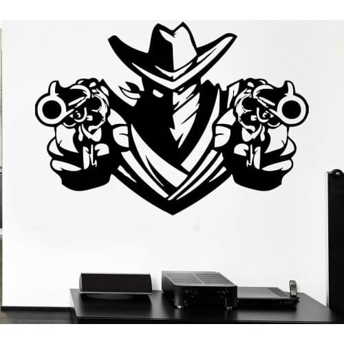 Cool Style Wall Decal Cowboy Bandit Revolver Pistols Weapons Shawl Vinyl Wall Sticker Bedroom Man Cave Bar Interior Decor S1187