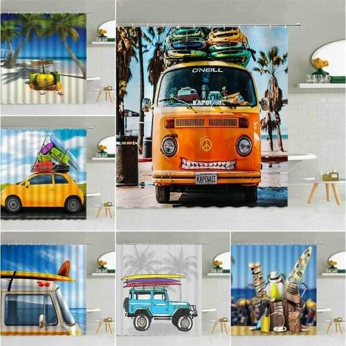 Summer Beach Scenery Shower Curtain Travel Car Ocean Landscape Vacation Surfing Bathroom Decor Bath Bathtub Fabric Curtains Set