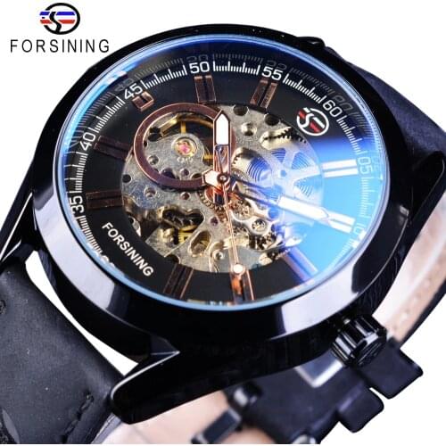 Forsining Blue Hardlex Glass Black Leather Transparent Open Work Mechanical Men Automatic Watches Top Brand Luxury Gear Movement