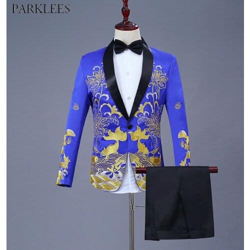 Royal Blue Shawl Collar Suit Men 2 Piece Suit (Jacket+Pants) Wedding Groom Dress Suits Men Stage Singer Clothes Terno Masculino