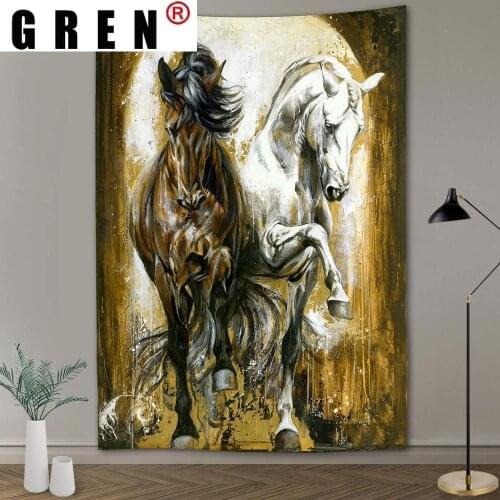 GREN Black white Pentium Horse Wild leopard Animal Print Wall Hippie Tapestry Polyester Fabric Wall Rug Hanging Home Decor