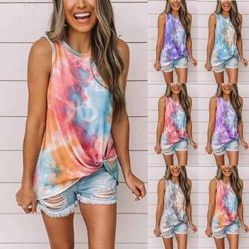 Summer New European And American Cross Border Womens Round Neck Tie Dye Kink Print Vest T-Shirt For Women