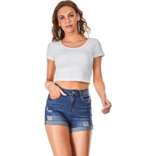 Women’ s Denim Shorts Adults High Waist Ripped Pencil Jeans Short Pants Close-Fitting Pants for Summer Ladies Wear Dark Blue