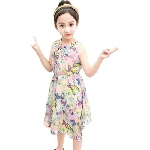 Girls Beach Dress Butterfly Dresses For Girl Sleeveless Children Dress Casual Style Kids Costume 6 8 10 12 14