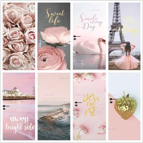 Pvc Waterproof Pink Beautiful Flower Doors Sticker Wallpaper Self Adhesive Wall Decal Girls Room Bedroom Bathroom Home Decor