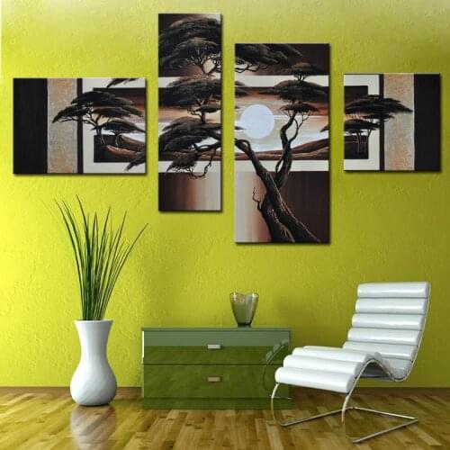 Hand Painted Abstract Sunrise Oil Painting on Canvas for Wall Decoration No frame 4 Pieces Panel Canvas Painting Unframed