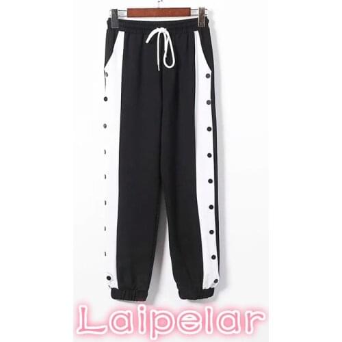 Summer Side stripe button high waist pants Sexy Drawstring black harem pants Casual Lace up sweatpants elegant joggers Pant