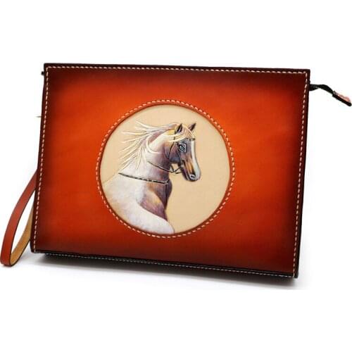 Handmade Women Men Vegetable Tanned Leather Bag Money Holder Clutch Purse Hand Carving Fine Horse Clutches Envelope Briefcase