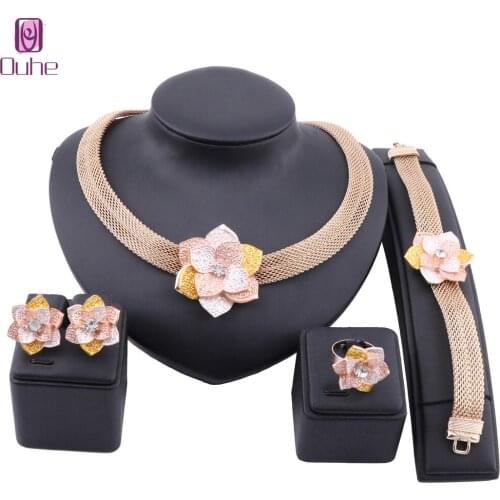 African Gold color Flower Jewelry sets for women Bridal wedding gifts party Necklace earrings ring set Saudi Arabia jewellery