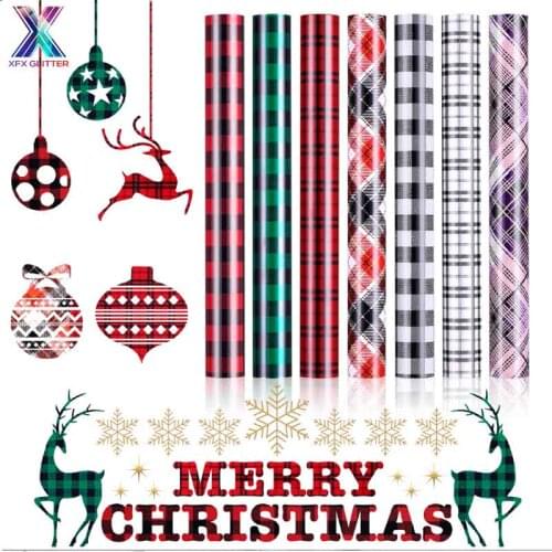 XINFANGXIU HTV 25x100cm Heat Transfer Vinyl Christmas Pattern Buffalo Plaid Pu Htv Heat Transfer Vinyl for Tshirt Cricut Vinyl