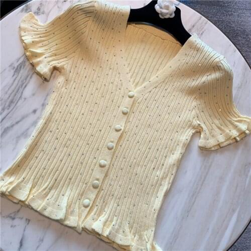 Knitting T-shirt for Women Summer Slim Bodycon T-shirt Girls Ladys Cropped Knitted Tshirt Rhinestones Tight Knitted T-shirts