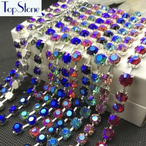 5yards Colors AB ss28 High Quality Crystal Rhinestone Round Cup Chain Silver Base 8mm Glass Chatons In Claw Chain dress Making
