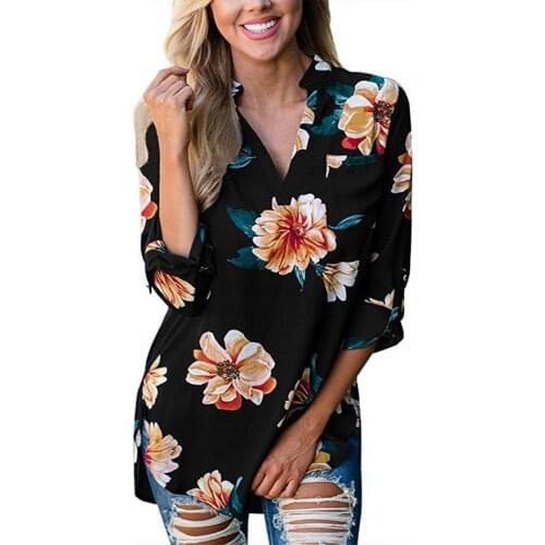 Spring New Fashion Womens V-neck Tops Loose Long Sleeve Casual Blouse Stylish Womens Floral Print Loose Blouses Shirts