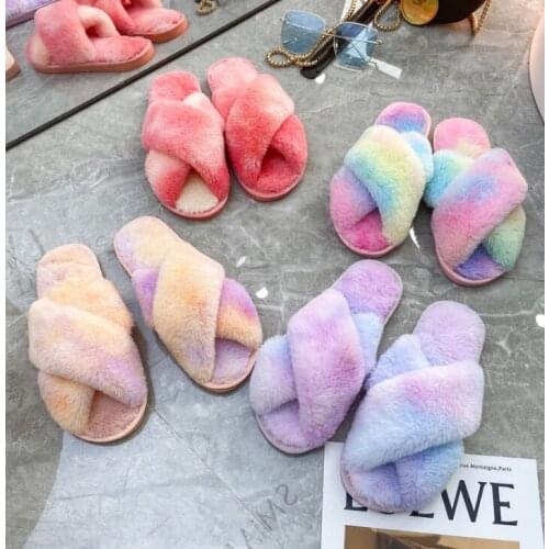 2020 Women Home Slippers Rainbow Winter Warm Shoes Woman Slip on Flats Slides Female Faux Fur Slippers Plus Size 41