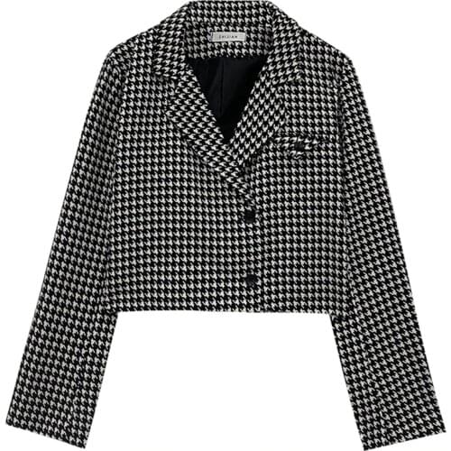 New Retro Thousand Bird Grid Woolen Suit for Women Korean Version Slim Waist Single-Breasted Classic Solid Color Jacket