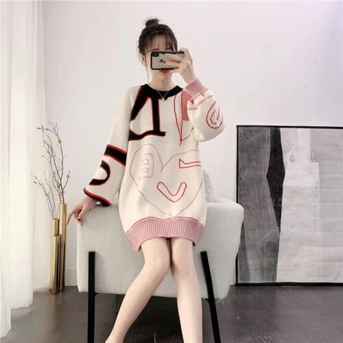 2021 Autumn Winter New Loose Lazy Wind Knitted Sweaters Spliced Korean Fashion Medium Length Pullover Round Neck Long Sleeve Top