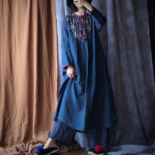 Johnature 2020 Winter New Cotton Linen Vintage Dress Women O-neck Loose Long Sleeve Print Flower Patchwork Blue Retro Dresses