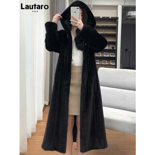 Lautaro Winter Extra Long Black Thick Warm Faux Mink Fur Coat Women with Hood Long Sleeve Plus Size Korean Fashion Overcoat 5xl