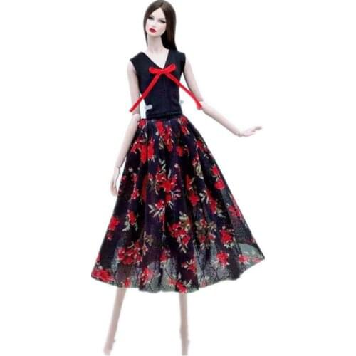1/6 Classic Black Floral Dresses Outfits For Barbie Doll Clothes V Neck Sleeveless Shirt Top Skirt 11.5" Dolls Accessories Toys