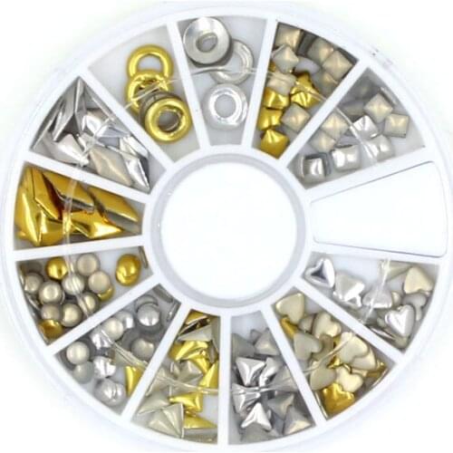 2pcs 6 styles silver / gold metal 3D Glitter Nail Art Decoration Stickers wheel round Squares Punk Rivet Studs