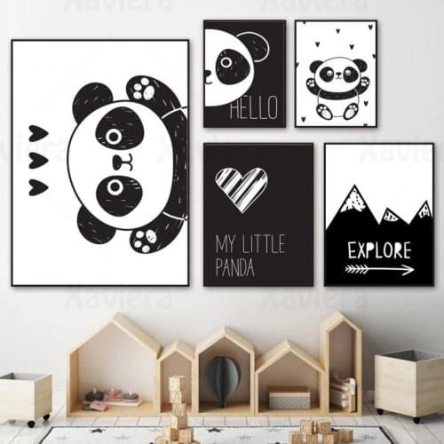 Black & White Cartoon Wall Painting Cute Animal Panda Canvas Painting Posters and Prints Kids Picture Nursery Wall Art Baby Room