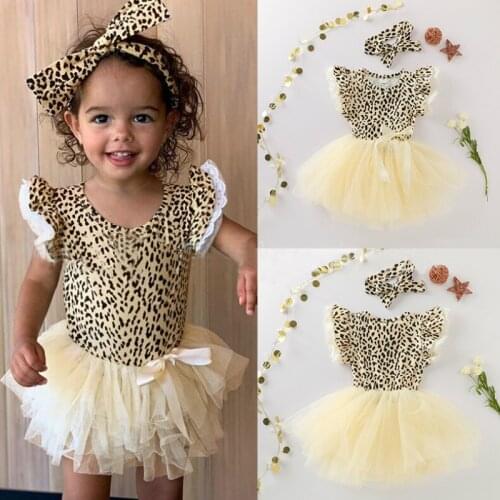 Kids Dress Girls Petal Sleeves Outfits Leopard Print Mesh Splicing Princess Party Dress +hair Band 2 Pics Sets Children Clothes