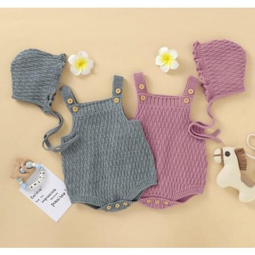2020 Fashion Autumn Infant Baby Bodysuit Boys Girls Sleeveless Solid Color Rompers Knitted Jumpsuit+Hat Kids Outfits