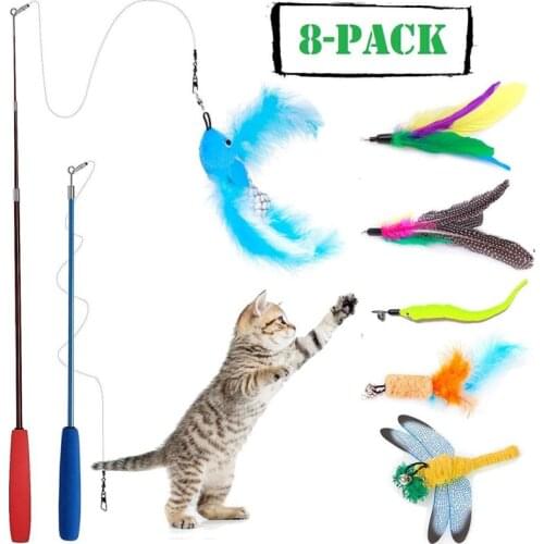 Pet Cat Feather Stick Toy Teaser Toy Set Interactive Telescopic Stick (double Stick) 8pcs/set