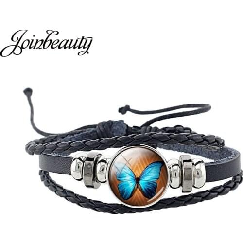 JOINBEAUTY Beautiful Butterfiy Picture Bracelet Round Glass Cabochon PU Leather Bangle Handmade Weave Jewelry Gift JS25