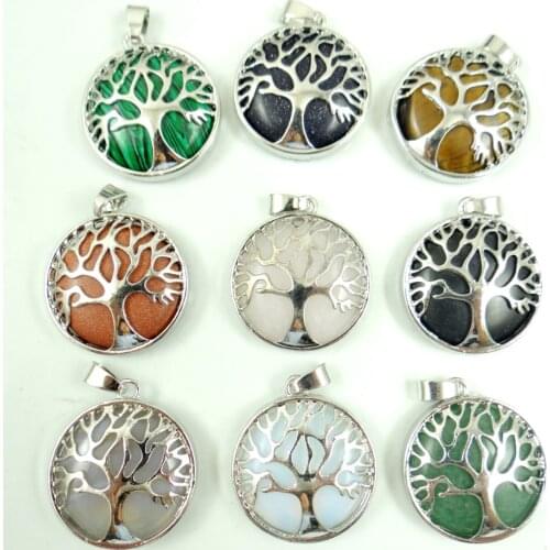 Natural Stone Turquoises Quartz Pendant Handmade Silver Color Tree of Life Round pendant for diy Jewelry Making necklace 10PC