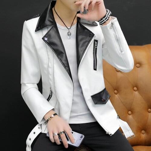 2019 New design Motorcycle Bomber Leather belt Jacket Men Autumn Turn-down Collar Slim fit Male Leather Jacket Coats