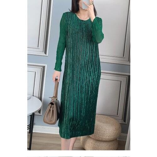 HOT SELLING Miyake fold o-neck Folded Golden velvet solid Long Sleeve Dress IN STOCK