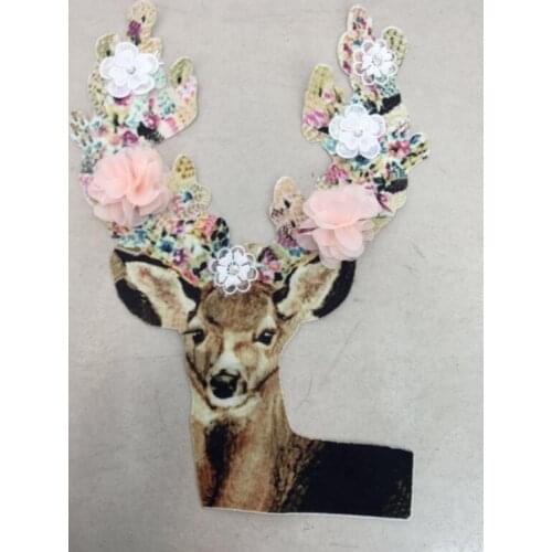 Large deer iron on patch flower embroidered fabric garment accessories applique for T-shirt sweater clothing decoration patches