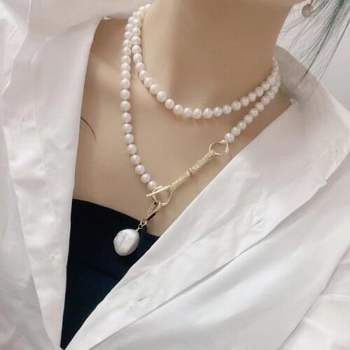 Handmade Fresh Water Baroque Pearls Necklace EnthicLong ChainPersonality Pendant for Women Engagement Wedding Party Gift Jewelry