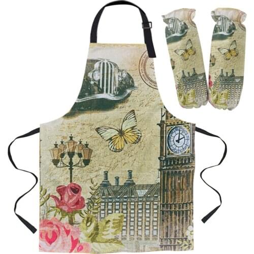 London England Poster Kitchen Aprons Kit Unisex Dinner Party Cooking Bib Funny Pinafore Cleaning Apron Sleeve Baking Gloves