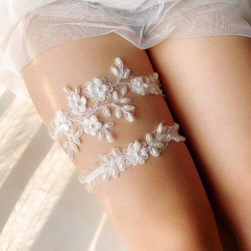 1 Set Female Wedding Garter Pearls Embroidery Flower Beading White Sexy Garters for Women Bride Thigh Ring Bridal Leg Garter