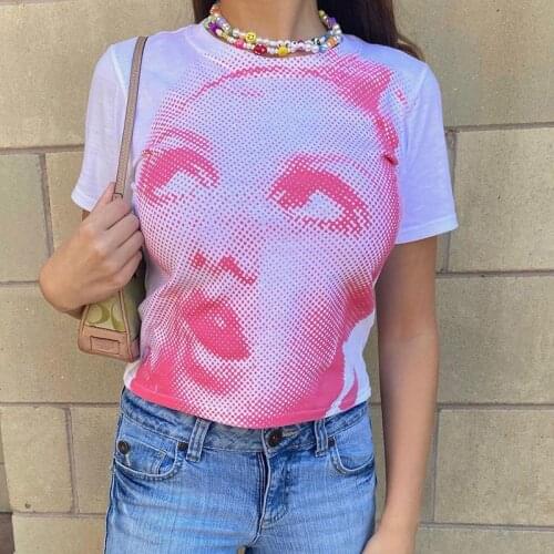 QICIUS Summer Y2K T Shirt Women Korean Style Camisetas De Mujer Para Verano 2021 Hip-Hop Face Print Tee Shirt Femme Fairy Grunge
