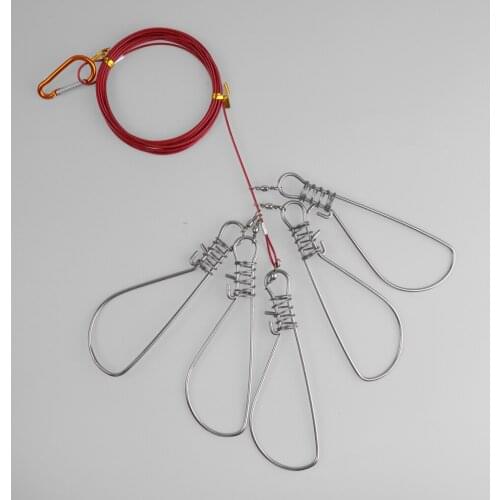 Fishing Metal Stringer Safety Lobster Clip Lock 5 Snap Hook Fishing Tackle String 5M Long