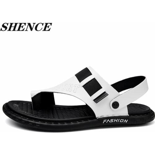 SHENCE New Fashion Genuine Leather Mens Sandals Retro Rome Shoes Men Summer Classics Footwear Male Beach Shoes Black Men Beach