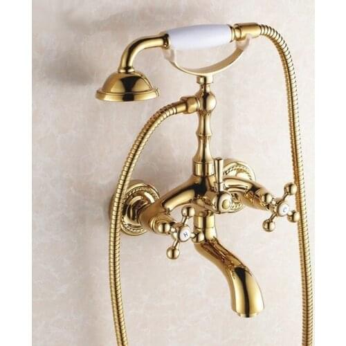Modern Luxury Golden Brass Wall Mount Bathroom Tub Faucet Set with 1.5M Handheld Shower Spray Head Mixer Tap 2tf082