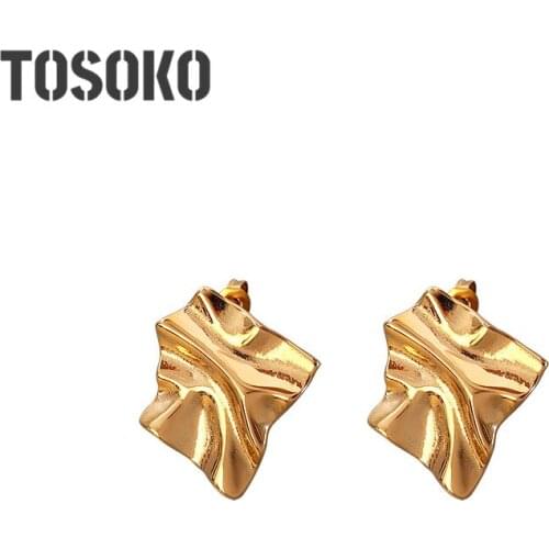 TOSOKO Stainless Steel Jewelry Pleated Special-Shaped Earrings Womens Fashion Square Earrings BSF432