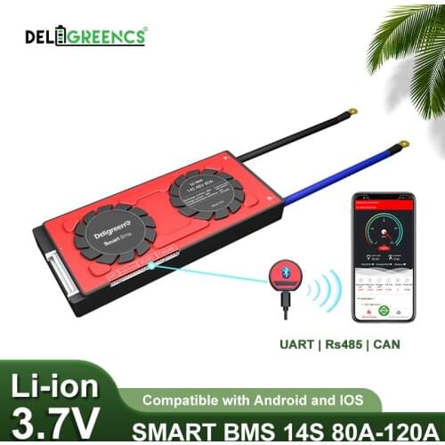 Smart BMS 14S BMS 80A 100A 120A with Bluetooth UART 485 CAN for 58.8V Li-ion Battery Pack UART CAN for EV Ebike Power storage