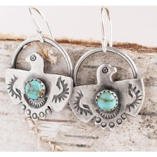 Boho Vintage Eagle Metal Turquoises Stone Earrings Tribal Jewelry Thai Silver Color Natural Blue Round Beads Earrings