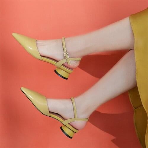 Genuine Leather Low Block Heel Sandals Women Summer Shoes Pointed Toe Slingback Real Leather Sandals Women Green Plus Size 41 42