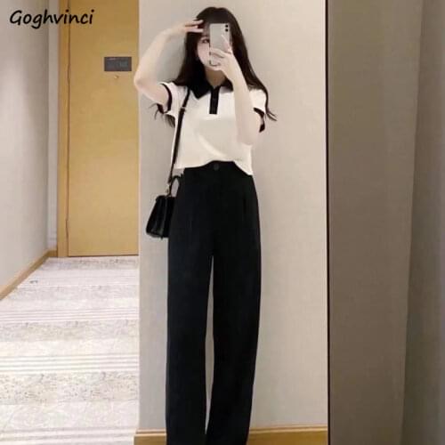 Women Sets 2021 Summer Simple Korean Style Turn-down Collar Short Sleeve T-shirt High Waist Wide Leg Button Fly Soft TrouserS