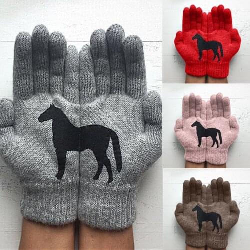 1 Pair Animal Horse Printed Knitted Full Finger Wrist Gloves Women Girls Outdoor Winter Warm Riding Cycling Gloves Mittens