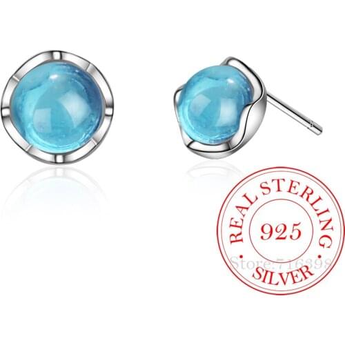 100% 925 Real Sterling Silver Jewelry Blue Crystal Stud Earrings For Teen Girls Friend Kid Lady Wedding Jewelry Gift