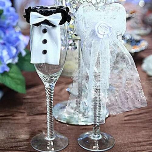 2pcs Toasting Decoration Bride&Groom Tux Bridal Veil Party Wedding Mark Wine Glass Decor Holiday DIY Beautiful Decorations
