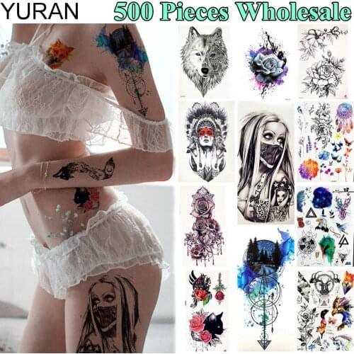 YURAN 500 Pieces Wholesale Flash Body Art Temporary Tattoo For Men Women Arm Tatoo Sleeve Fake Dreamcatcher Cat Tattoo Stickers